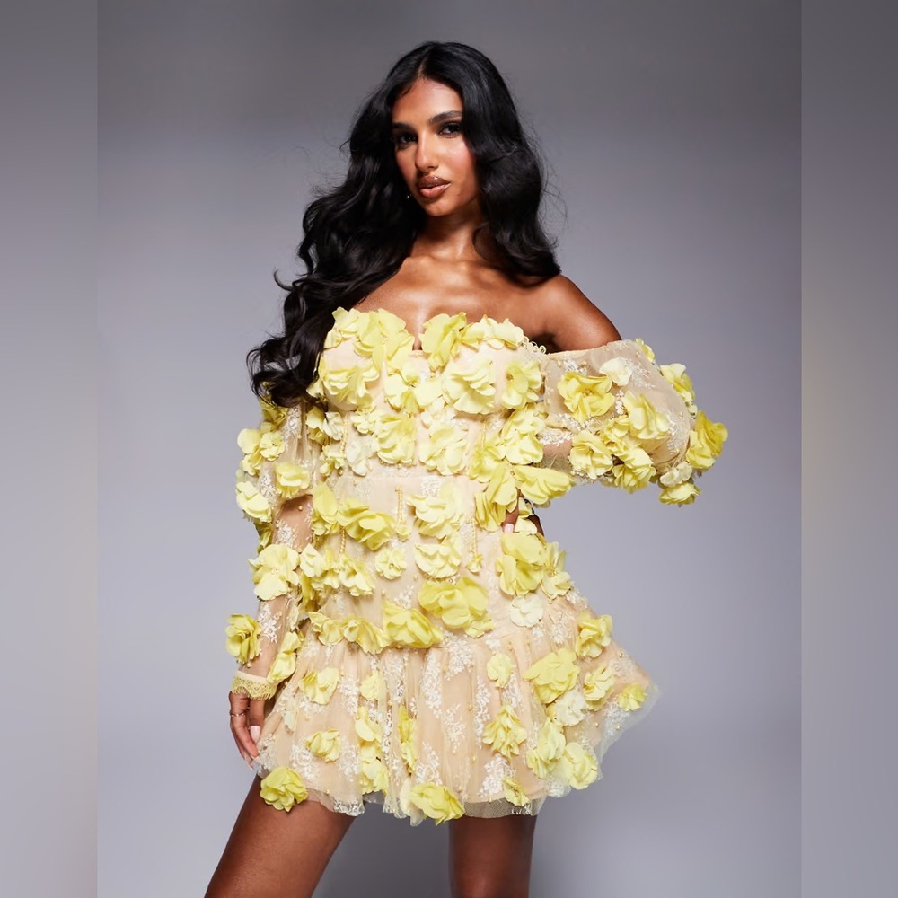 ASOS Yellow Floral Off-Shoulder Mini Dress